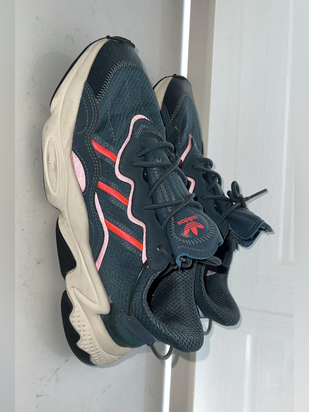 adidas Navy Sneaker with Pink Trim and Red Stripes